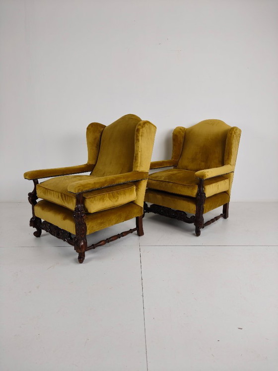 Pair of 19th-Century Carved Walnut Armchairs – Floral Motifs – Velvet Upholstery – Other (photo 7 of 8)