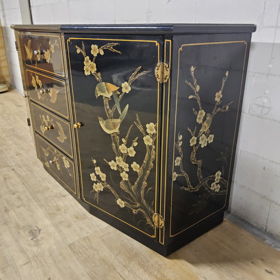 Image 1 of Vintage Chinese Sideboard / Lacquer Cabinet (Black / Birds) Bohemian / Oriental Chest of Drawers