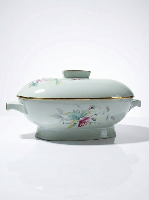 Vintage Limoges France celadon porcelain Art Deco style tureen with floral decoration