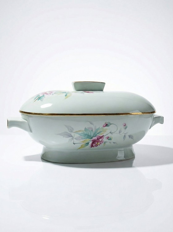 Image 1 of Zuppiera vintage in porcellana celadon di Limoges, Francia, in stile Art Déco con decorazioni floreali.