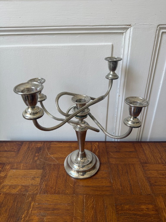 Image 1 of Lámpara de araña de metal plateado, fabricada en Inglaterra, 4 brazos, 5 orificios