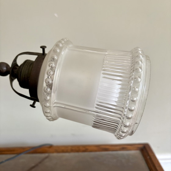 Image 1 of Art Deco desk lamp, table lamp with frosted glass, carved shade.
