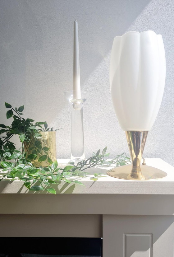 Image 1 of Lampada vintage a tulipano, vetro smerigliato, oro, stile francese