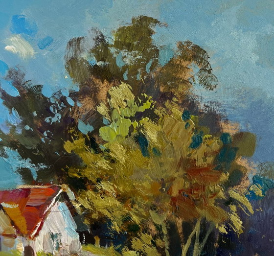 Image 1 of Origineel olieverfschilderij: Zomerdorplandschap met huizen in het bos.
