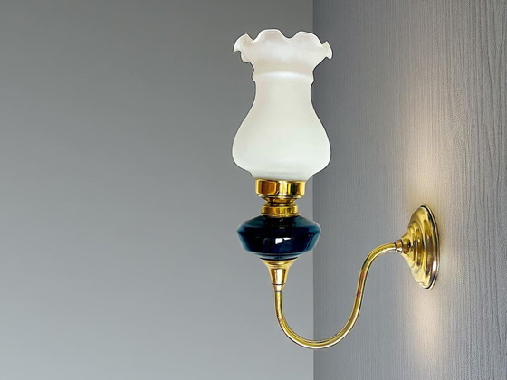 Image 1 of Art Nouveau style brass wall sconce with frosted glass tulip lampshade