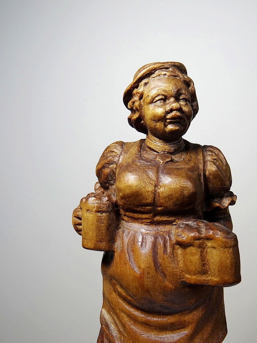 Ludwig Roger Wooden Carved Subject "The Beer Waitress" Germany 50's