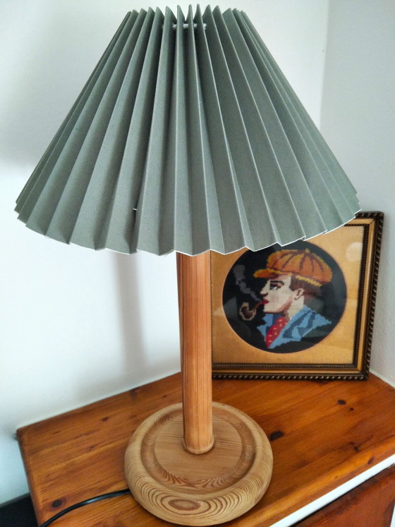 Image 1 of Vintage Wooden Table Lamp With New Pleated Lampshade, 80’s Hungary