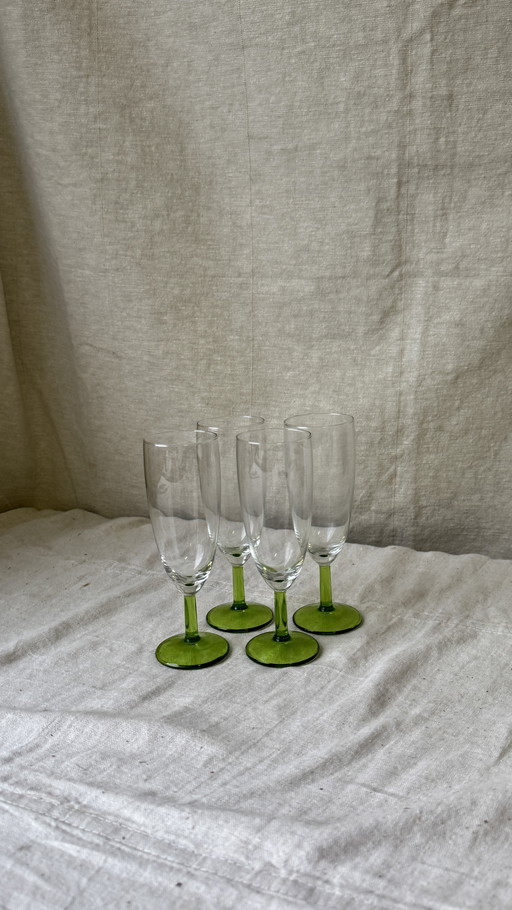 4X Vintage Champagne Flute Met Groene Voet