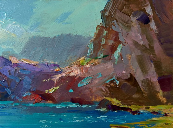 Image 1 of Original Oil Painting Coastal Rock Landscape Sailboats on the sea
