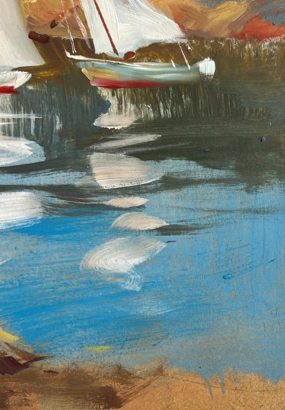Image 1 of Original Oil Painting River Boats Landscape Sailing on a yacht