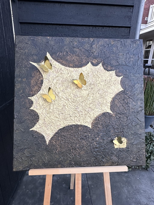 Acrylic painting on linen canvas, handmade brass butterflies