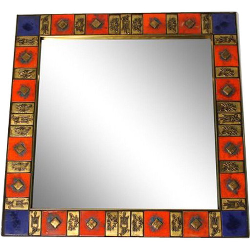 Square vintage mirror in gilded brass and glazed ceramic, 1970