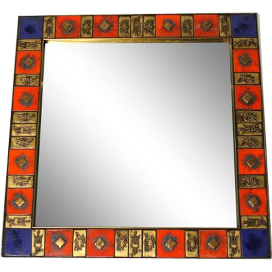 Image 1 of Square vintage mirror in gilded brass and glazed ceramic, 1970