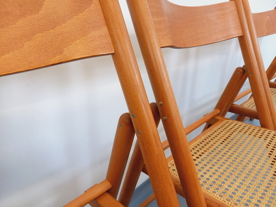 Image 1 of Set of 4 vintage Habitat folding chairs in beech wood and caning from the 1980s