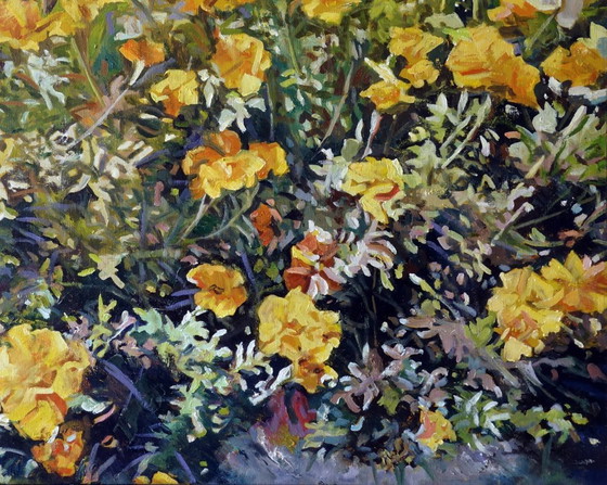 Peinture à l'Huile Originale Art Moderne Fleurs Souci – Peintures et dessins, Canvas, Figuratief (photo 7 of 7)
