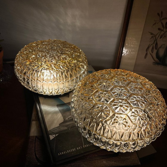 Paar vintage amberkleurig goudglas kleine bloem wand-/plafondlampen – Wandlampen (photo 6 of 8)