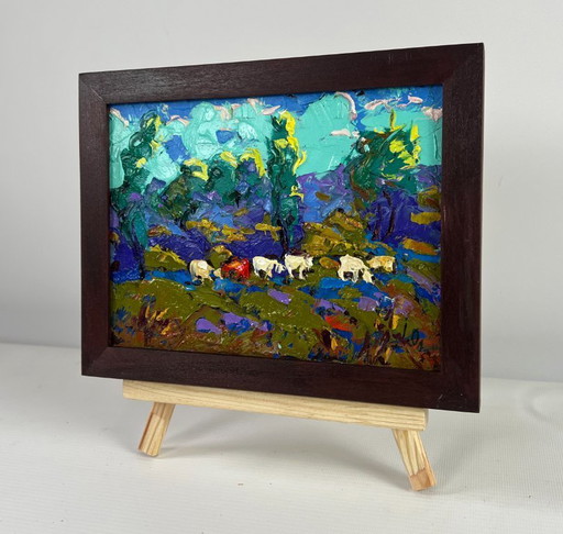 Original Oil Painting Summer Field Landscape Evening light behind the village