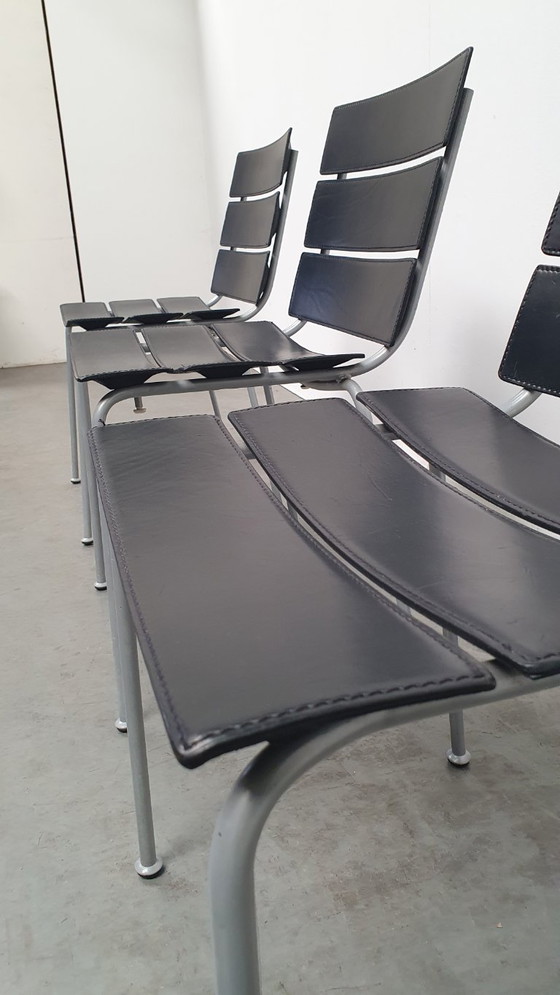 Image 1 of 4x Giancarlo Vegni Fasem Italia Stripe Zadelleer Vintage Stoelen Design