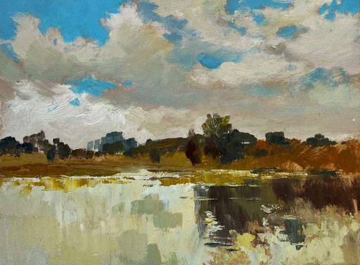 Original Oil Painting Gloomy River Landscape The flow of time and nature