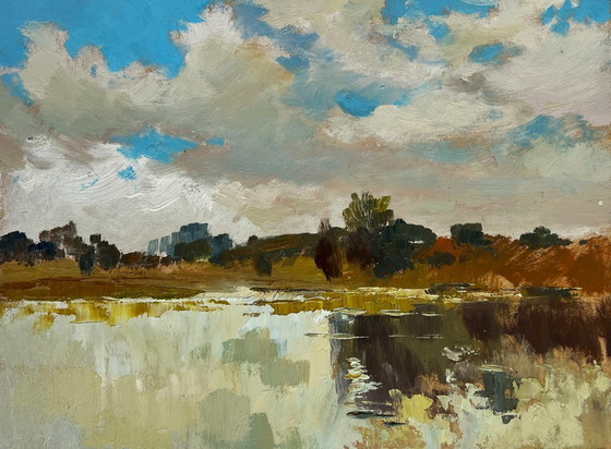 Image 1 of Original Oil Painting Gloomy River Landscape The flow of time and nature