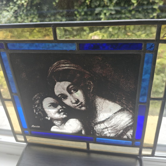 Handgemaakt Glas-in-lood Paneel – Gesigneerd A. Bauer – Moeder Met Kind – Glaskunst (photo 6 of 9)