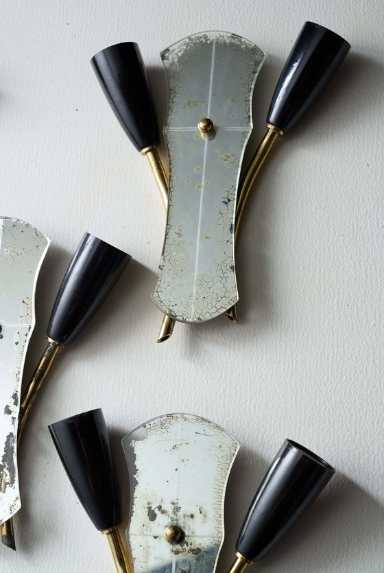 Brass and Mirrored Glass Wall Lamp, 1950s, Wall lights, Plastic, Black, Mid Century Modern (photo 12 of 14)