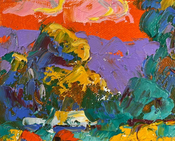 Image 1 of Original Oil Painting Autumn Evening Landscape Noon on the field