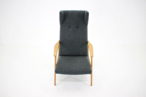 Image 1 of 1960s Mid-Century Czechoslovakian Oak Wingback Armchair in Black Bouclé