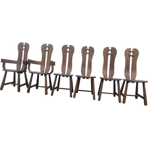 Set of 6 vintage brutalist chairs from the artisanal house De Puydt, Belgium 1960