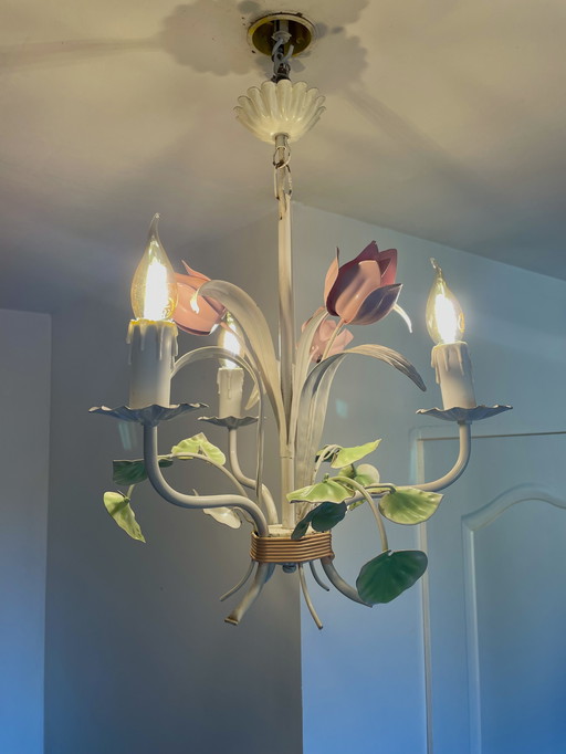 Vintage Wrought Iron Chandelier - Bouquet Of Tulips