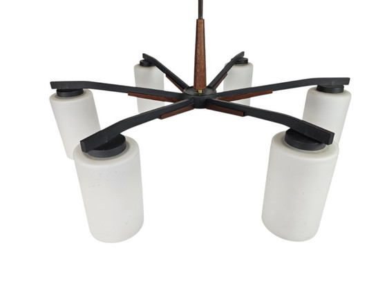 Image 1 of Vintage - Denmark - 6-armed ceiling lamp - teak - metal - opal glass - 60's