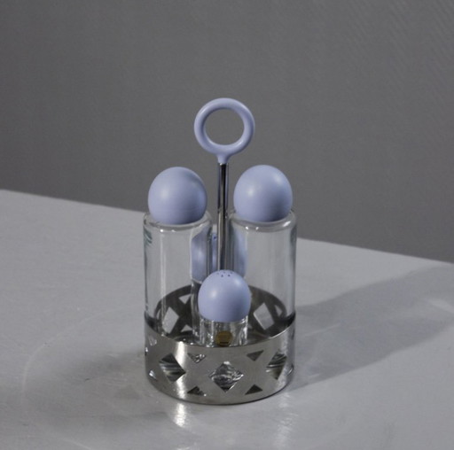 Service à condiments vintage Alessi inox & cristal huilier vinaigrier 1990s