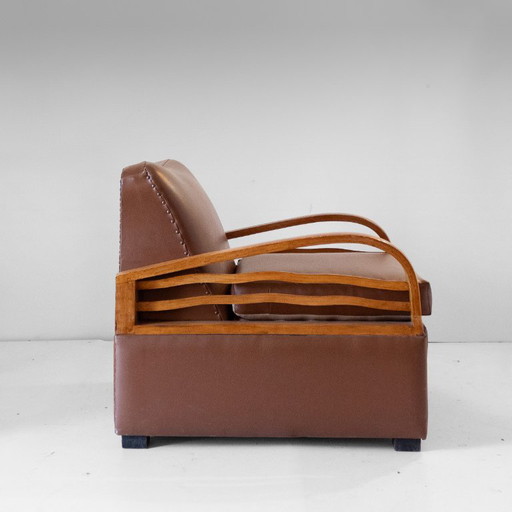 1X Italiaanse Art Déco Converteerbare Fauteuil / Slaapstoel in Bruin Eco-Leer, jaren 20. – Skai (photo 2 of 20)