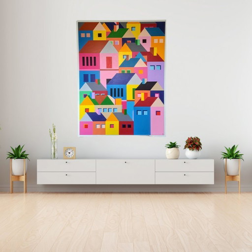 Abstract cityscape "Lost City" - colorful painting on MDF by Franklin van Dam (85 cm x 111 cm)