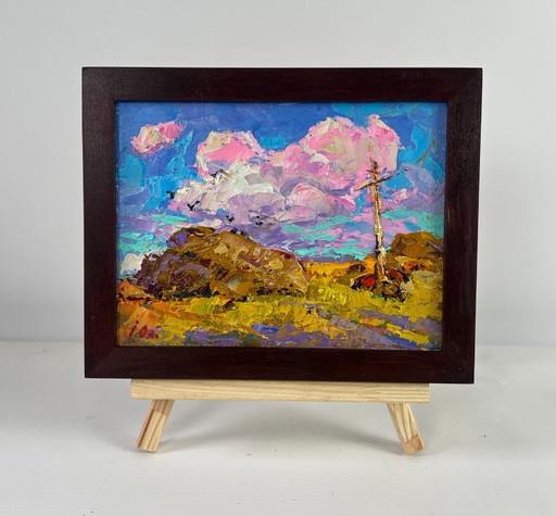 Original Oil Painting Summer Field Landscape The sun touches the ground