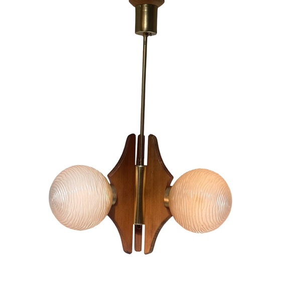 Image 1 of Hanging pendant - Model Sputnik - Wooden base, brass details and three glass domes - Mcm / Space Age Design