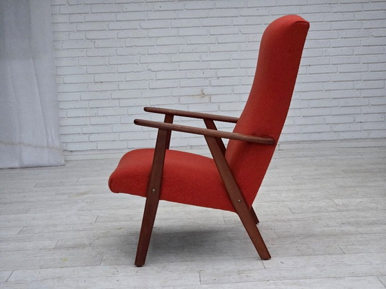 Image 1 of Anni '70, poltrona danese con schienale alto, mobili in lana arancione, legno di teak, legno di quercia.