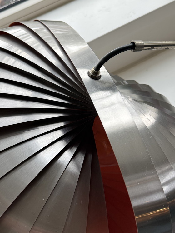 Image 1 of Stunning 1970s Space Age Spiral Pendant Lamp | Brushed Aluminum & Sunset Orange