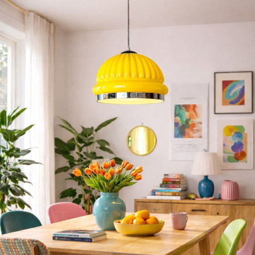 Large Space Age inspired yellow opaline ribbed glass dome hanging light for dining room, 1970s