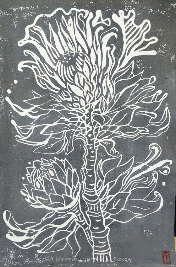 Image 1 of Protea Linocut – A3 Botanical Art Print 