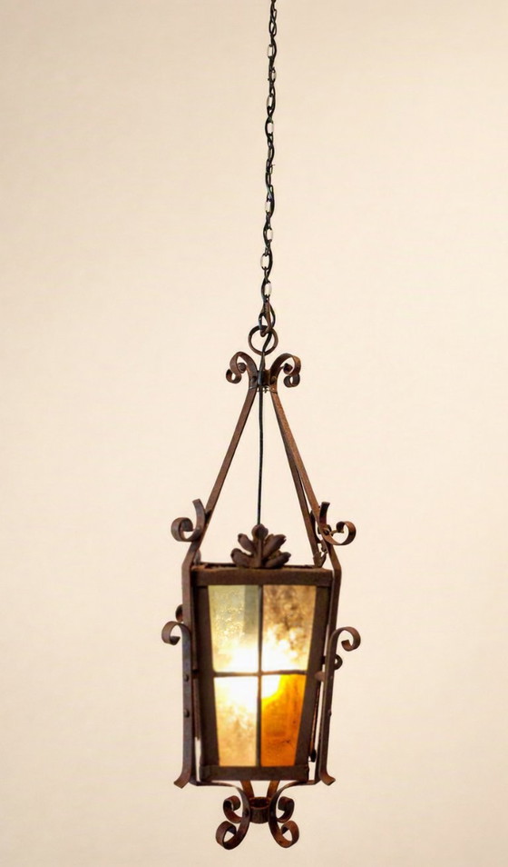 Lanterne/Suspension Art Déco française antique, vitrail. – Art Deco, Metal (photo 10 of 14)