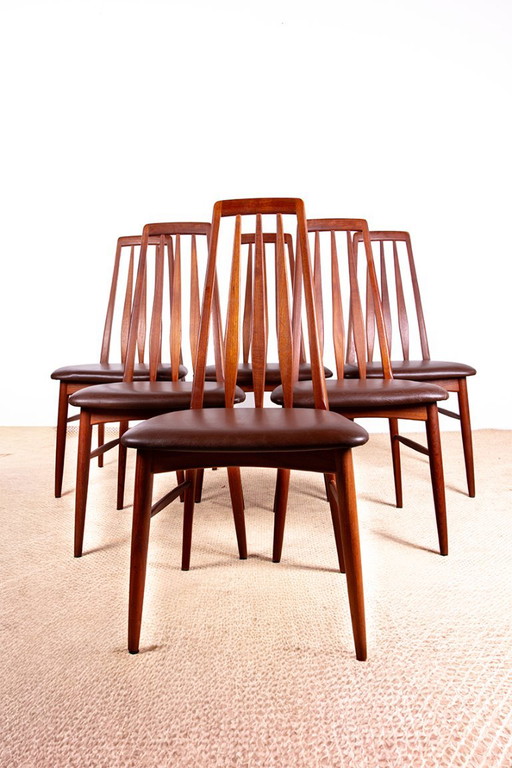 Set aus 6 dänischen Esszimmerstühlen aus Teakholz und neuem Leder, Modell „Eva“ von Niels Koefoed 1960.