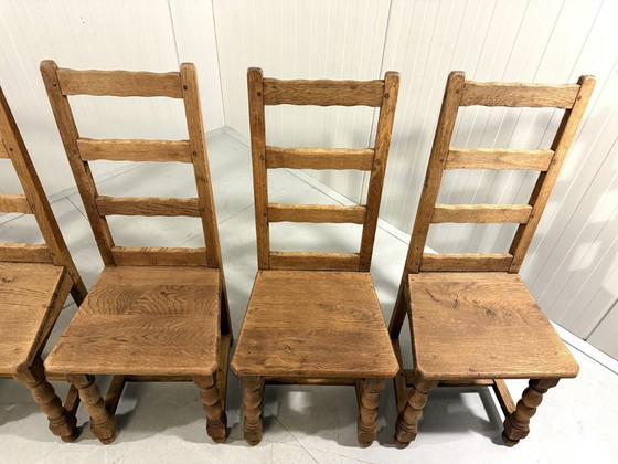 Image 1 of 6 sillas de comedor rústicas antiguas de roble con respaldo alto, década de 1900