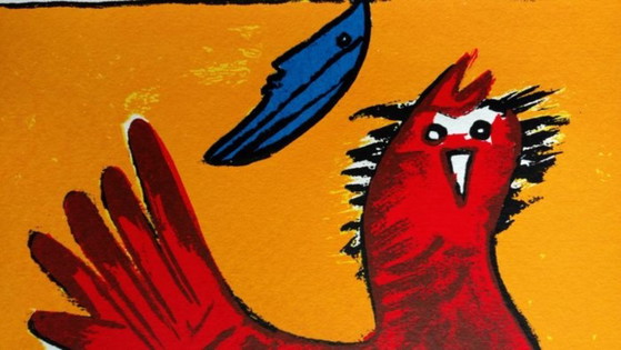 Image 1 of Sérigraphie Corneille L'Oiseau Hollandais (oiseau rouge, lune bleue).
