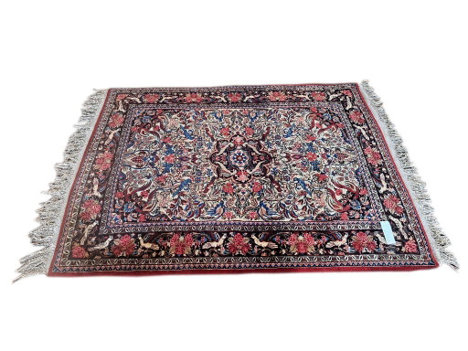Tappeto Bijar/Bidjar annodato a mano, rosso e blu, con motivi di uccelli, 120x158 cm, Iran (photo 2 of 6)