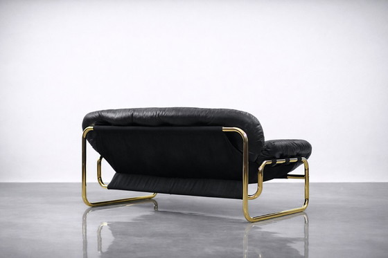 Image 1 of Vintage Mid-Century Scandinavian Modern Glamour Leather Black & Gold Sofa by John-Bertil Häggström for Swed-Form, 1970s