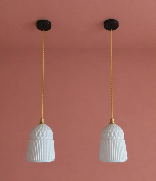 2x vintage white glass pendant lights