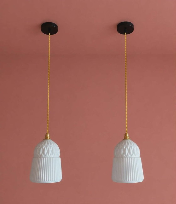 Image 1 of 2x vintage white glass pendant lights