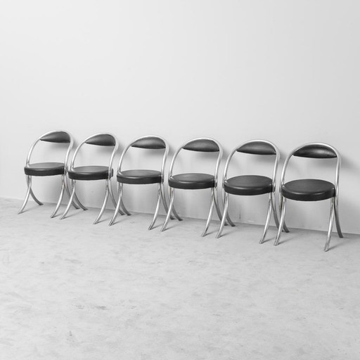 JUEGO DE 6 SILLAS VINTAGE ESTILO GIOTTO STOPPINO DE LOS AÑOS 70 – SILLAS DE DISEÑO CROMADAS CON CUERO SINTÉTICO NEGRO