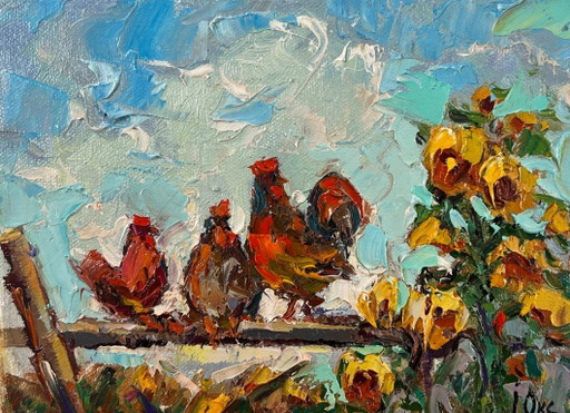 Origineel olieverfschilderij: Zomerlandschap met dieren, ochtendhaan die kraait.